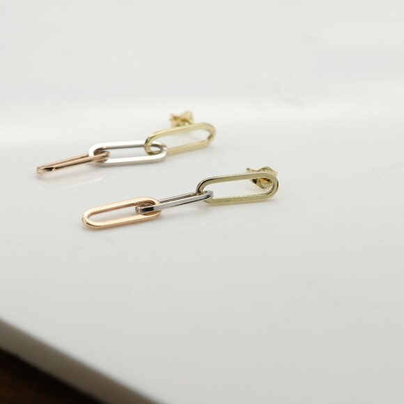 3 Color Gold Paperclip Earrings 5mm   1.5' Inch long Dangle Earrings Real 14k Go - Picture 9 of 9